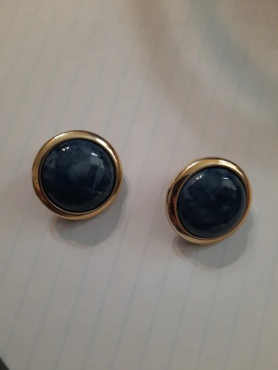 Gold-Tone Blue Stone Button Earrings Vintage 80's - Picture 6 of 7